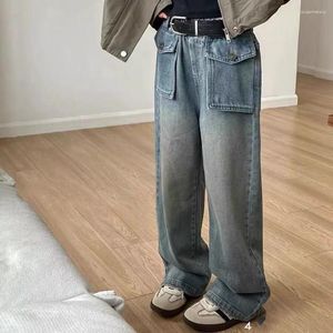 Trousers Girls Pants Kids Clothes 2024 Korean Spring Summer Fashion Blue Denim Elastic Waist Big Pocket Straight Leg Jeans Trend