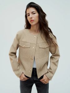 RR3115 Jaqueta de tweed de moda feminina Autumn Winter Slave Longa Single Bastest Casted Cropped Crop Crop Femoly Solid O-G-Golde Pocket Outwear Top 240422