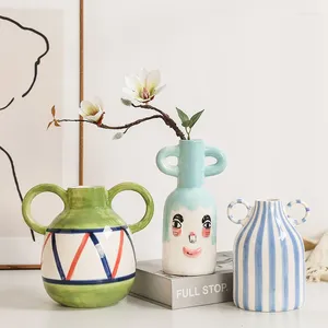 Vases Hand Painted Binaural Stripe Ceramic Vase Ornament Homestay Dining Table Flower Arrangement Art Home Decoration Accessories