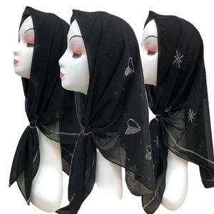 Muslim Islamic Black Chiffon Scarf Rhinestone Hijab Turban Arab Shawls Women Hair Accessories 240410