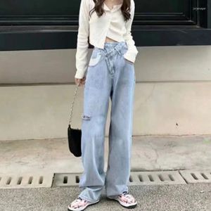 Women's Jeans Vintage Hole Tassel For Women Korean High Waist Asymmetrical Light Blue Wide Leg Pants Woman Fashion With Pockets Trousers