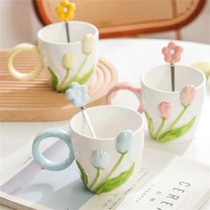 Mughes Ins Style Tulip Ceramic Cup Design 3D Creative Relief Girl Heart Coffee Cup Birthday and San Valentines Gift J240428