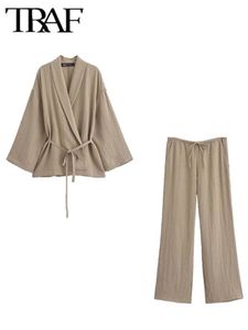 Set di pantaloni in stile pajama traf allacciati per donne 2 pezzi 2024 camicie di moda top womens abito a due pezzi set di outfit 240419