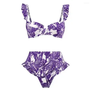 Damskie stroje kąpielowe 2pcs/set Kobiety bikini set w stylu bohemia rufy rękaw Bandeau Bra High talia pływa