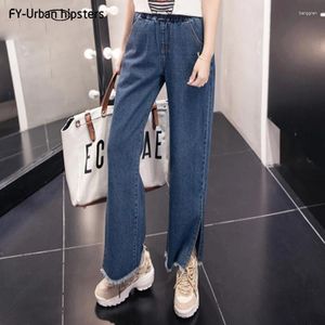 Dżinsowe dżinsy kobiety szerokie spodni nogi 2024 Autumn Korean Loose Hern Slit Spodnie niebieski duży rozmiar 5xl