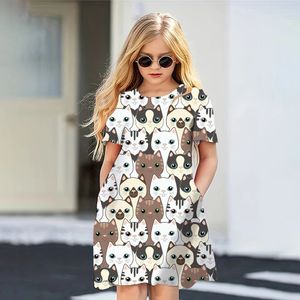 Summer Girls Dress Round Neck Shor Short Sonte Girl Girl Girl Daily Short Lovely Cats 3D Princess Gonna Princess 2024 240423