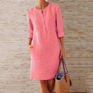 Kvinnors rund hals knälängd linneklänning Boho Casual Loose Dress med knappar Kvinnlig Elegant Fashion Beach Sundress Vestido 240415