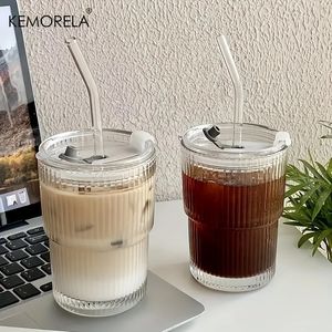 12pcs 450ml Stripe Cam Kupa Kapak ve Saman Buz Kahve Kupa Çay Kupası Suyu Cam Süt Su Kupası İçecek Tarzı 240424