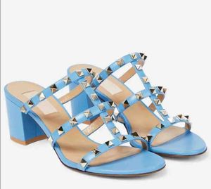 2024 Summer women sandal heels stud shoes spiked strap Calfskin leather slide sandal 60mm chunky heeled slip on wedding party dress black white red 35-43Box