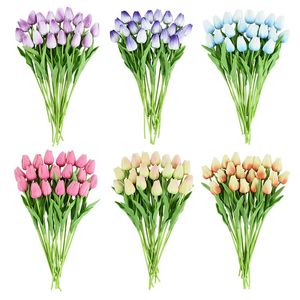 10 cabeças de luxo tulipas artificiais flores brancas toque real bouquet espuma