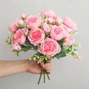 Vendita 1pcs30cm rosa rosa seta bouquet peonia fiore artificiale 5 grande testa 4 bocciolo piccolo sposa nozze decorazione per la casa artifi 240422