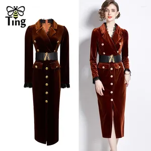 Vestidos casuais tingfly mulheres moda de alta qualidade de inverno outono colar de gola única Midi Long Velvet Dress Vintage elegante