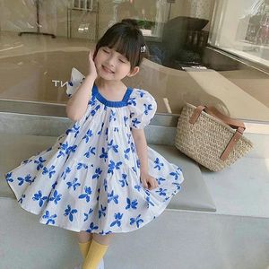 Girl Dresses Summer Casual Baby Girls Cotton Blue Butterfly Puff Short-Sleeved Dress Kids Lovely Outfits Children Sweet Skirt 2-8 Years