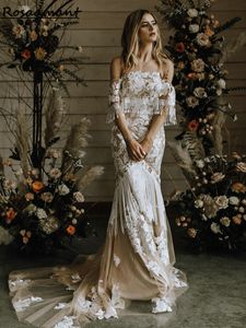 Champagne Strapless Short Sleeve Tassel Mermaid Wedding Dresses Floral Appliques Lace Bridal Gowns Robe De Mariee