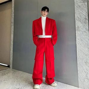 Men's Suits Korean Style Two Pieces Cargo Suit Set Large Pocket Removable Heavy Fabric Wide Leg Pants Detachable Blazer