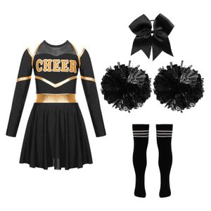 Crianças e garotas Cheerleading Dress Dance Set Halloween Cheerleading Dress and Pom Pom Poms Cabelo laço Meias de aniversário do presente de aniversário 240425