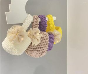 Shopping Bags Wholesale Elegant Princess Handmade Knitted Baby Girl Bucket Handbag Cute Kid Toddler Crochet Purse With Gauze Bowknot