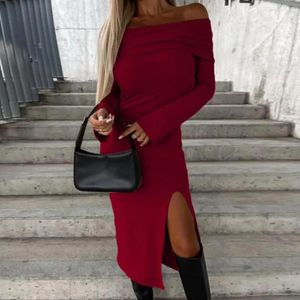 Casual Dresses Women Autumn Winter Bodycon Dress Off Axel långärmad slitsar Slim Fit Tight Party Solid Color Hip Wrapped