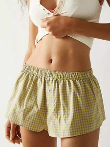 Botão da frente feminina de roupa de dormir masculina shorts de boxe casual cintura elástica de pijama solta casa xadrez