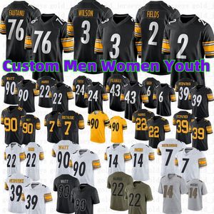 Anpassad fotbollströja Troy Fautanu 3 Russell Wilson Justin Fields T.J. Watt Pat Freiermut George Pickens Minkah Fitzpatrick Chris Boswell Chris Boswell Peterson