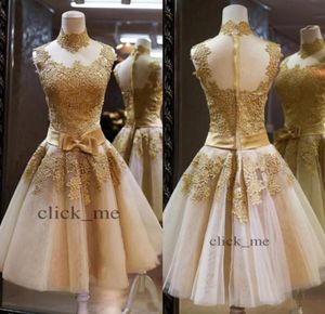 High Neck Short Prom Dresses With Lace Appliques Sheer Neckline Bowknot Sashes Short Homecoming Dress Evening Wear Party Gowns7976215