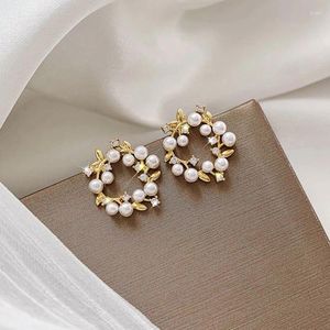 Stud Earrings Simple Hollow Metal Camellia Pearl For Women Hypoallergenic Small Ear Ring Dating Wedding Jewelery Korea