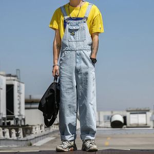 Overalls Men Denim Jumpsuit Straight Jeans Hip Hop Big Pocket Wide Leg Cargo Pants Fashion Casual Loose Males Rompers Trousers 240410