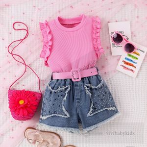 Sommarbarnskläder sätter flickor ruffle ärmlösa toppar strass tassel stjärnor denim shorts 2st mode barn casual outfit z7926