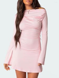 Casual Dresses Women s Off Shoulder BodyCon Mini Dress Long Sleeve Ruched Slim Fit Sexy Spets Going Out Party