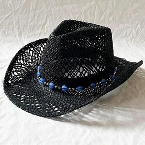 Wide Brim Hats Summer Straw Hat Hollow Out Foldable Adjustable Bead Decor Curled Edge Bucket Strap Western Cowboy Style Cap