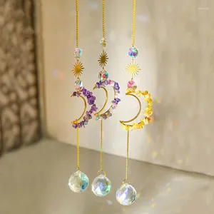 Decorative Figurines Natural Chips Crystal Moon Suncatcher Wind Chime Pendant Citrine Amethyst Pink Quartz Light Window Car Hanging Home