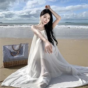 Casual Dresses 2024 Women Summer White Mori Fairy Sling Big Swing Chiffon Dress Bohemian Off The Shoulder Seaside Vacation Sundress