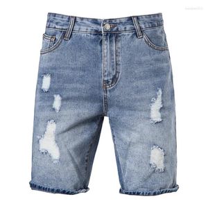 Kvinnors jeans män denim shorts ljusblå perforerade täta casual sportbyxor sommarstrandsort rippade