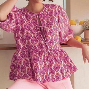 Frauenblusen Frauen Puff Kurzarm Peplum Hemden Krawatte vorne Rüschen Saumbluse Tops Teen Girls Schnürung niedes Sommer Ladies Ropa de Mujer