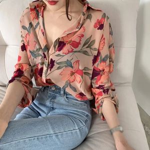 Womens Fashion Flow Floral Print a V-Neck Long Sleeve Shiffon Shiffon Blouse Office Shirt Shirt Tops Vintage Tunics M-2xl 240426