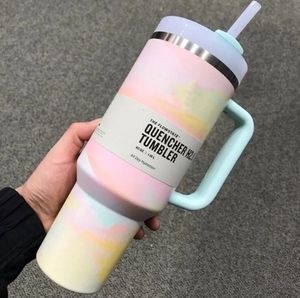 40 Unzen sauberer Schiefer warm kühl ruhige Bruhtrok -Quencher H2.0 40 Unzen Edelstahl Becher Becher mit Griff Deckel und Stroh Neon Pink White Black Car Becher 0508