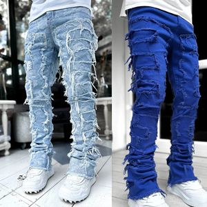 High Street Beyaz Erkek Yığılmış Kot Patchwork Tassel Hasarlı Denim Tam Uzunluk Pantolon Hippop Pantolon Erkek 240425