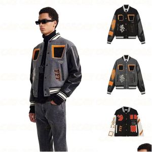 Mens Jackets Fashion Designer Offs Skl Decal Baseball Jacket Wool T Splicing Leather Sleeve Coats Embroidery Womens Hip Hop Style Wint Otl0M