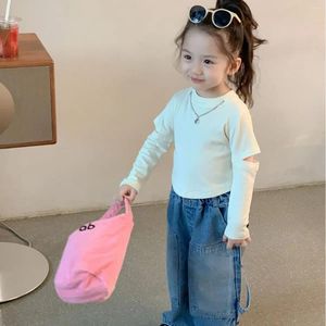 Set di abbigliamento 2024 Spring Autumn Children Girls 2pcs Solid Color Fashion Veratile Round Neck Kid Shirt Simple bambina jeans