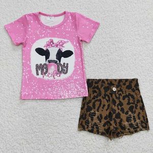 Kleidungssets Großhandel Kleinkind Western Kuh Sommer rosa Kurzärmel Moody Färsen Outfit Baby Mädchen Leopard Denim Shorts Kinder Kinder Set