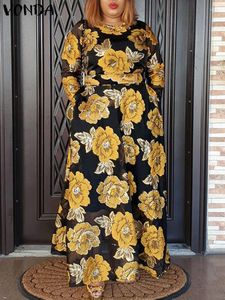 Sukienki swobodne sukienka Vonda Summer Party 2024 Kobiety Sundress Bohemian Long Rleeve Belted Floral Printed Maxi Holiday Robe Femme
