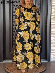 Casual Dresses Vonda Summer Party Dress 2024 Women Sundress Bohemian Long Sleeve Belted Floral Printed Maxi Holiday Robe Femme