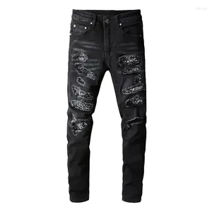 Mäns jeans A669 Retro Ripped Patch Black Fashion Minny Pants Designer Hip Hop Rolled Pencil