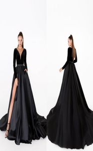 Siyah gece elbise v boyun kadife bir çizgi süpürme treni saten etek uzun kollu ucuz balo elbise seksi yüksek bölünmüş resmi fırsat go4667952