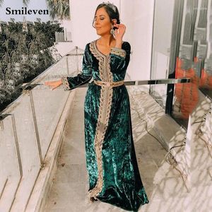 Платья для вечеринок Smileven Green Morocco Caftan Evening V Sect Lace наряд Dubai Prom Платье бархат с длинным рукавом формальный