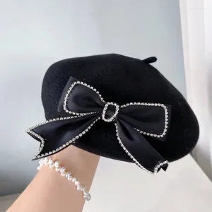 Berets Fashion Ribbon Bow Winter Black Beanie Hat Painter тепло для осенней винте