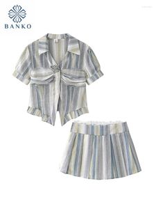 Work Dresses High Quality Classical Outfits 2 Piece Skirt Set Gyaru Polo-Neck Shirts Blue Hight Waist Striped Pleated Preppy Style