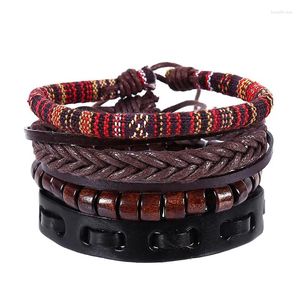 Bracelets de charme 4pcs/set hippie punk preto marrom camadas de couro tibetano contas de padrão étnico tibeta