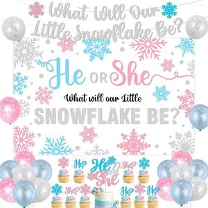 Party Decoration Winter Gender Reveal What Will Our Little Snowflake Be Banner Backdrop Cake Topper Pink And Blue Balloons