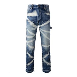 A1327washed and whitened lumberjack model vintage work pants spliced jeans multi mouth practical straight mens casual 240422